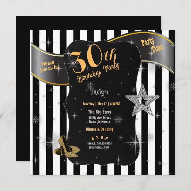 30th Birthday Party Black Stripes Gold Stiletto's  Invitation (Front/Back)
