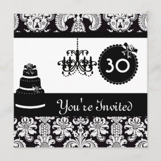 30th Birthday Party Black & White Damask Inviites Invitation