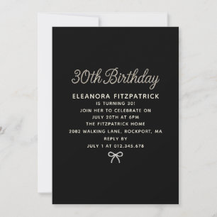 30th Birthday Party Black White Pearl Script Bow Invitation