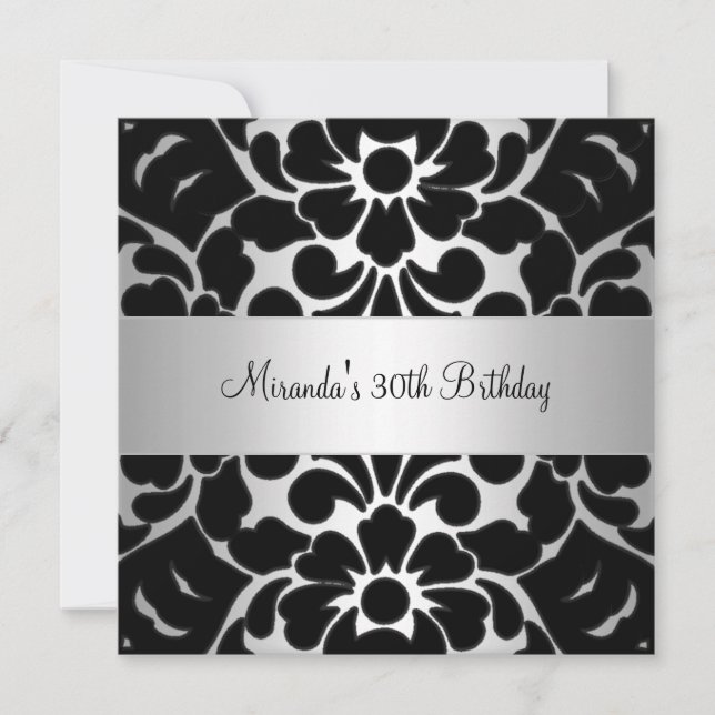 30th Birthday Party Black White Silver Floral Invitation (Front)