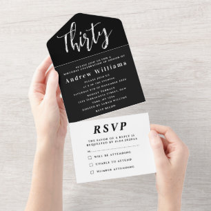 30th Birthday Party Black White Simple Modern All In One Invitation