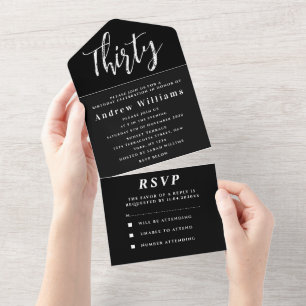 30th Birthday Party Black White Simple Modern All In One Invitation