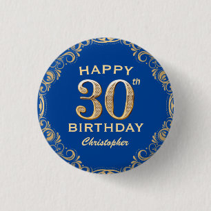 30th Birthday Party Blue and Gold Glitter Frame 3 Cm Round Badge