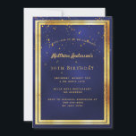 30th birthday party blue gold confetti sprinkle invitation<br><div class="desc">A trendy,  modern 30th birthday party invitation card for men,  guys,  male.   A dark blue,  navy blue background. The blue colour is uneven.  With a faux gold frame and golden confetti sprinkle,  golden coloured letters. Templates for your party information.
Back: blue background with confetti sprinkle.</div>