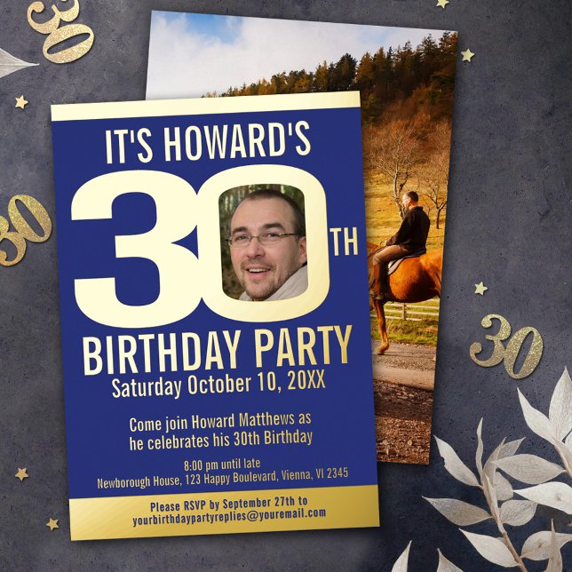 30th Birthday party blue gold foil photo (Creator Uploaded)