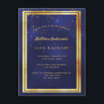 30th birthday party blue gold shiny invitation postcard<br><div class="desc">A trendy,  modern 30th birthday party invitation card for men,  guys,  male.   A dark blue,  navy blue background. The blue colour is uneven.  With a faux gold frame and golden confetti sprinkle,  golden coloured letters. Templates for your party information.
Back: plain postcard design.</div>