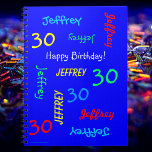 30th Birthday Party Blue Guest Book, Name, Spiral Notebook<br><div class="desc">What a wonderful, personalised spiral notebook Guest Book for a 30th birthday party or any other occasion. On the cover, Name and Age repeats in different fonts and primary colours on a bright blue background. Easy to personalise - just CHANGE NAME, AGE, and OCCASION in ONE PLACE. Supports name up...</div>
