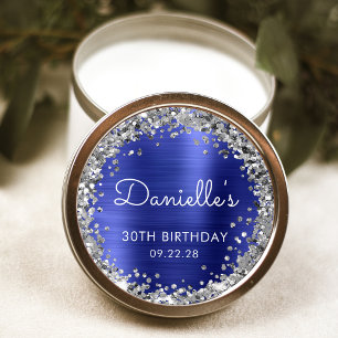 30th Birthday Party Blue Silver Glitter Classic Round Sticker