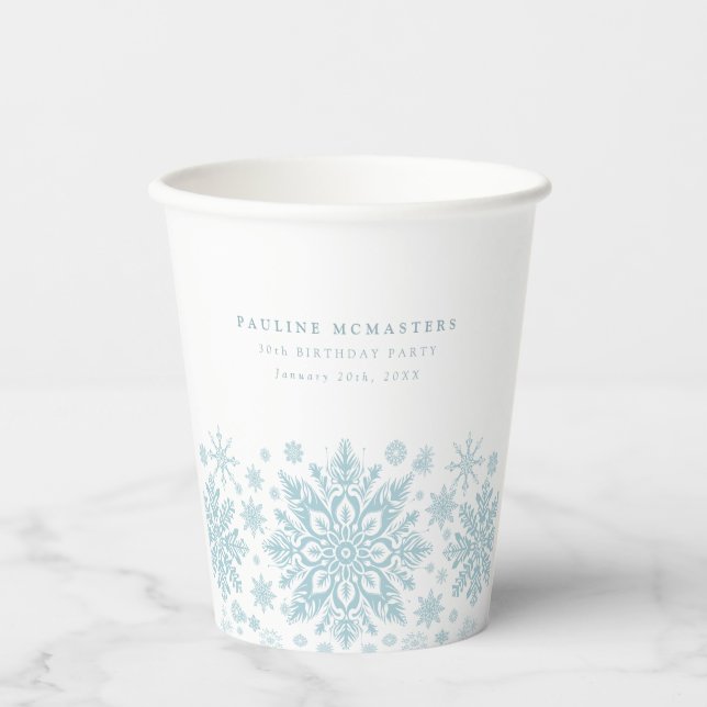 30th Birthday Party Blue White Snowflake Custom Paper Cups (Front)