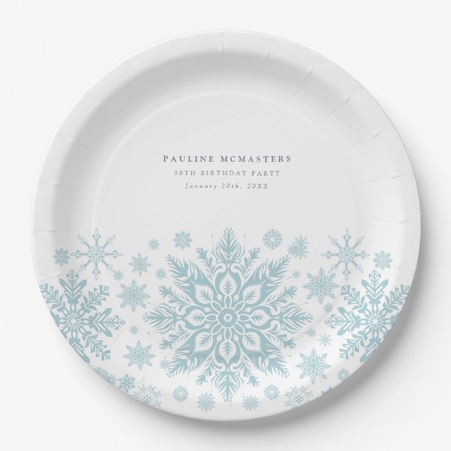30th Birthday Party Blue White Snowflake Custom Paper Plate (Front)
