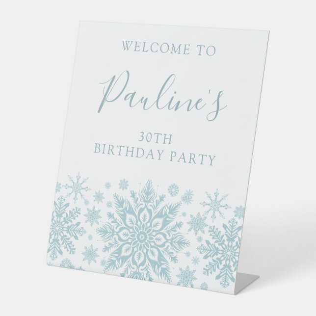 30th Birthday Party Blue White Snowflake Welcome  Pedestal Sign (Front)