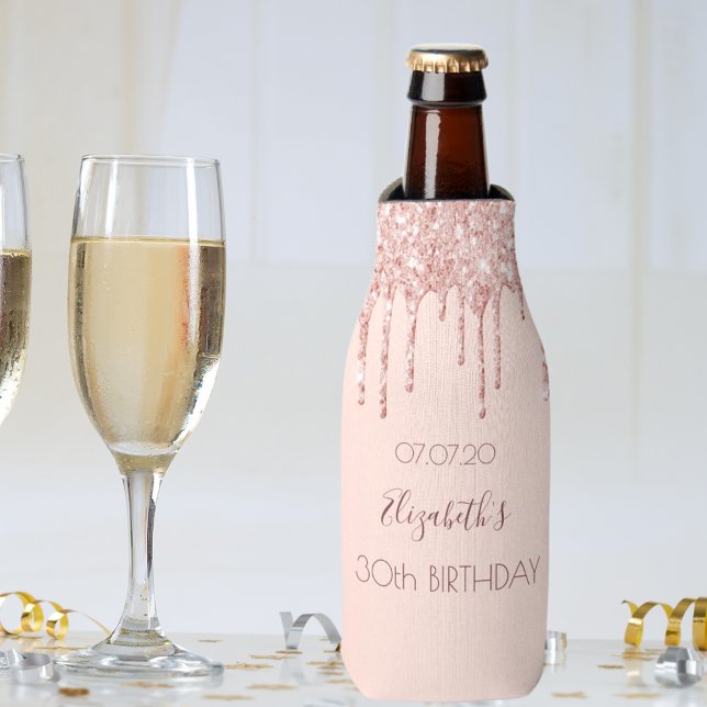 30th birthday party blush rose gold glitter drips bottle cooler (Creator Uploaded)