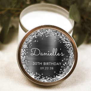 30th Birthday Party Charcoal Grey Silver Glitter Classic Round Sticker