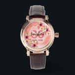 30th birthday party coral gold dahlia flowers watch<br><div class="desc">A trendy watch for a 30th birthday gift. With a faux gold hexagon geometrical shaped frame. Decorated with watercolored dahlia flowers in pink, cream and coral. Living coral with polka dots as background. Templates for a name, age 30 and a date. Date of birth or date of the party. Burgundy...</div>