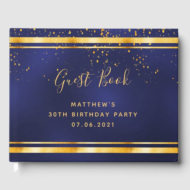 30th Birthday Party dark blue gold confetti Guest Book (Front)
