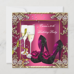 30th Birthday Party Dark Pink Gold Black Floral Invitation