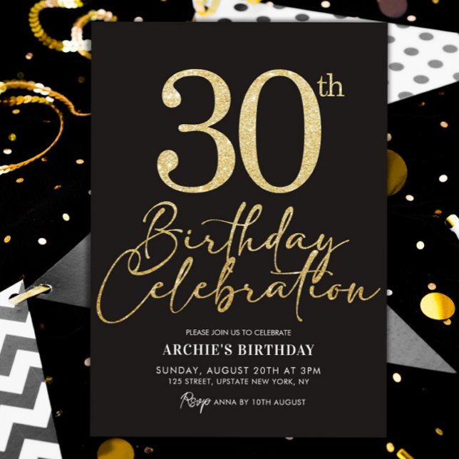 30th Birthday Party Elegant Black & Gold Glitter Invitation (30th Birthday invitation Adult Personalized Template Black and gold)