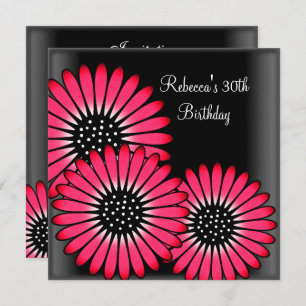 30th Birthday Party Elegant Black Pink Flowers Invitation