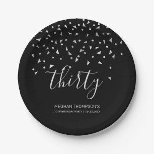 30th Birthday Party Elegant Black Silver Confetti Paper Plate
