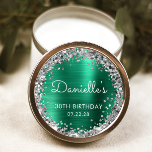 30th Birthday Party Emerald Green Silver Glitter Classic Round Sticker