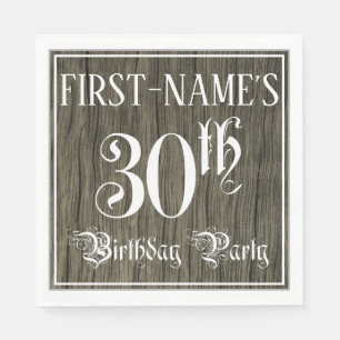 30th Birthday Party — Fancy Script, Faux Wood Look Napkin