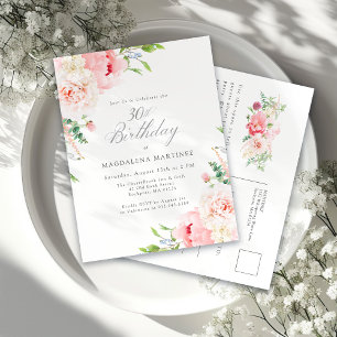 30th Birthday Party Feminine Pink Floral Invitation Postcard