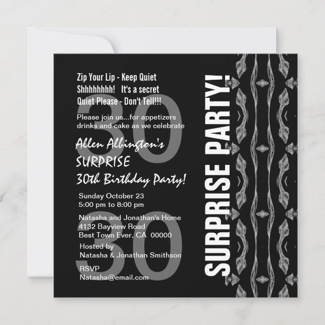 30th Birthday Party For Him Black White Silver Invitation (Front)