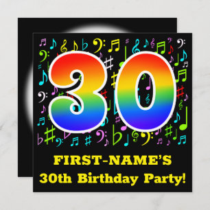 30th Birthday Party: Fun Music Symbols, Rainbow 30 Invitation