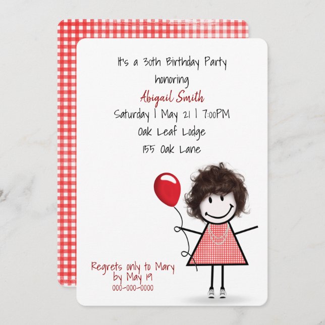 30th Birthday Party Girl with Red Balloon   Invitation (Front/Back)