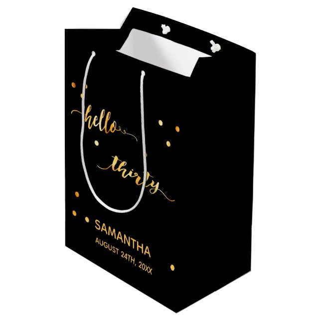 30th birthday party gold black hello thirty medium gift bag (Back Angled)