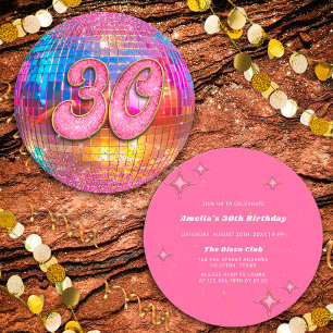 30th Birthday Party Gold Pink Glitter Disco Ball Invitation