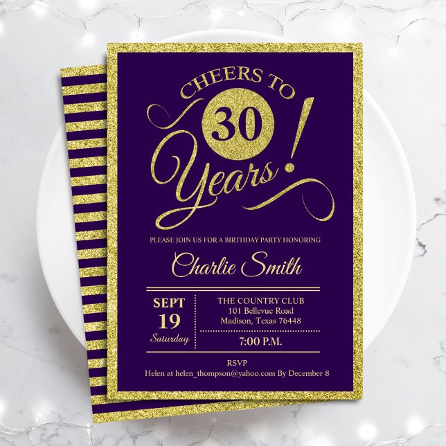 30th Birthday Party - Gold Purple ANY AGE Invitation (Creator Uploaded)
