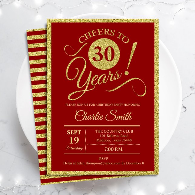 30th Birthday Party - Gold Red ANY AGE Invitation (Creator Uploaded)
