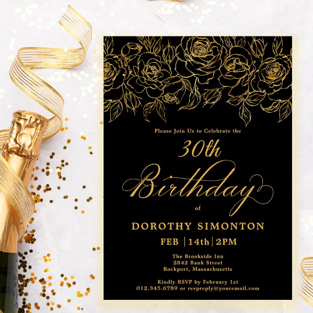 30th Birthday Party Gold Rose Floral Black Invitation (Creator Uploaded)
