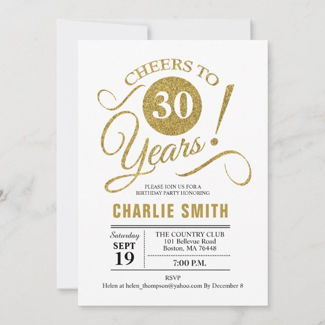 30th Birthday Party - Gold White Invitation (Front)