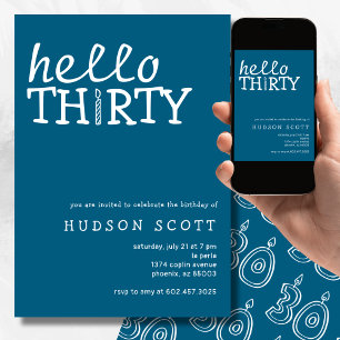 30th Birthday Party Hello Thirty Modern Blue Invitation