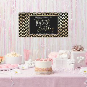 30th Birthday Party in Black White & Gold Script Banner