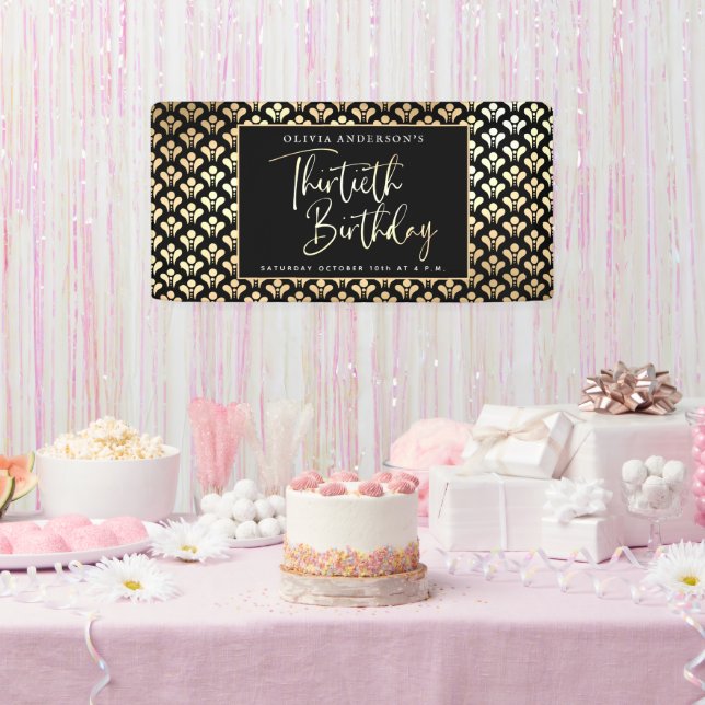 30th Birthday Party in Black White & Gold Script Banner (Party)