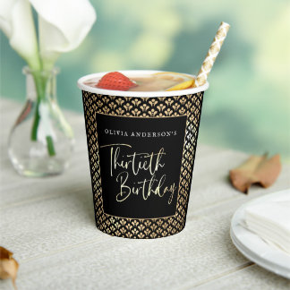 30th Birthday Party in Black White & Gold Script Paper Cups