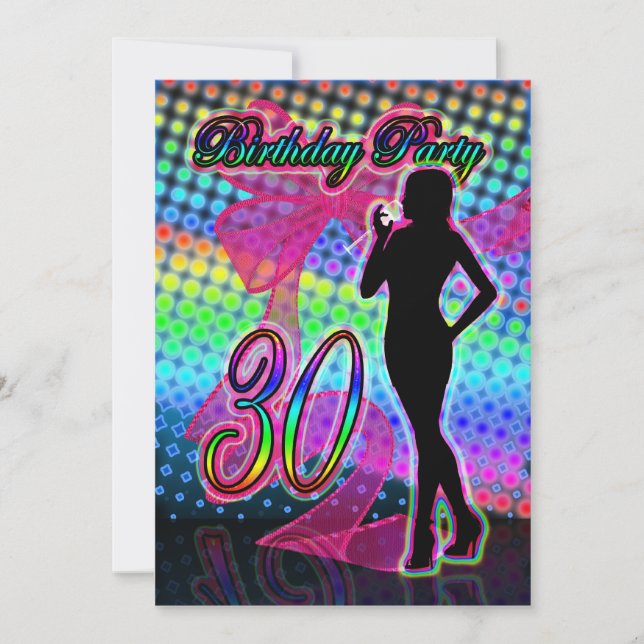 30th Birthday Party Invitation, Neon With Female S Invitation (Front)