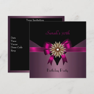 30th Birthday Party Jewel Bow Black Purple Pink Invitation
