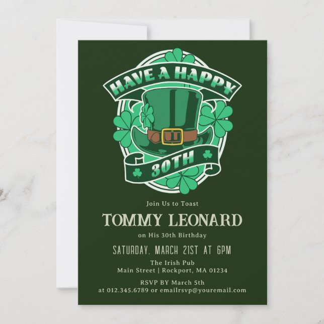 30th Birthday Party Leprechaun Hat Shamrock Irish Invitation (Front)
