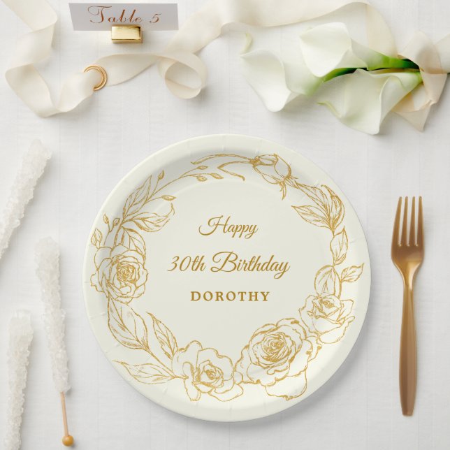 30th Birthday Party Luxe Gold Rose Floral Ivory Paper Plate (Wedding)