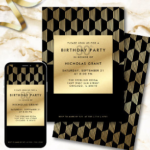 30th Birthday Party Modern Black and Gold Foil Invitation