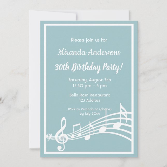 30th birthday party music notes teal blue invitation (Front)