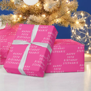 30th Birthday Party Name Hot Pink Modern Pattern Wrapping Paper
