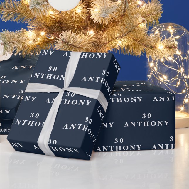30th Birthday Party Name Navy Blue Modern Pattern Wrapping Paper (Holidays)
