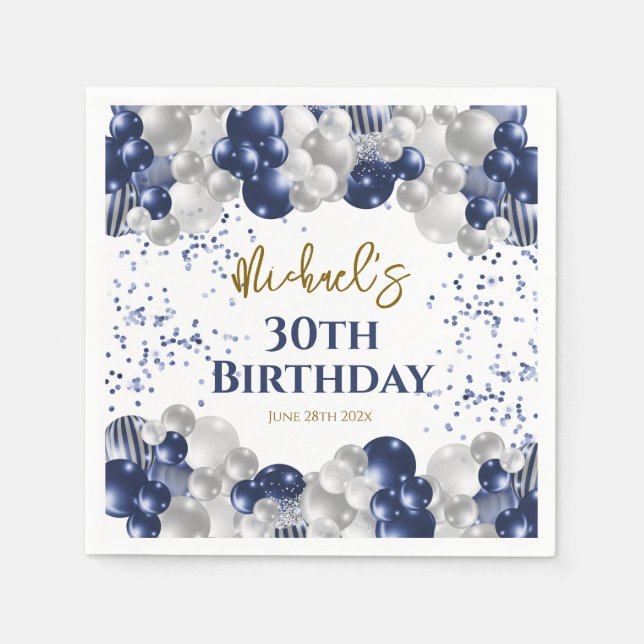 30th Birthday Party Navy Balloons Napkin (Front)