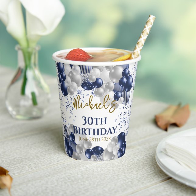 30th Birthday Party Navy Balloons Paper Cups (Insitu)