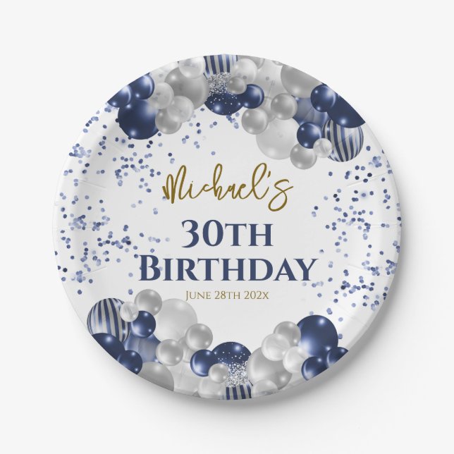 30th Birthday Party Navy Balloons Paper Plate (Front)